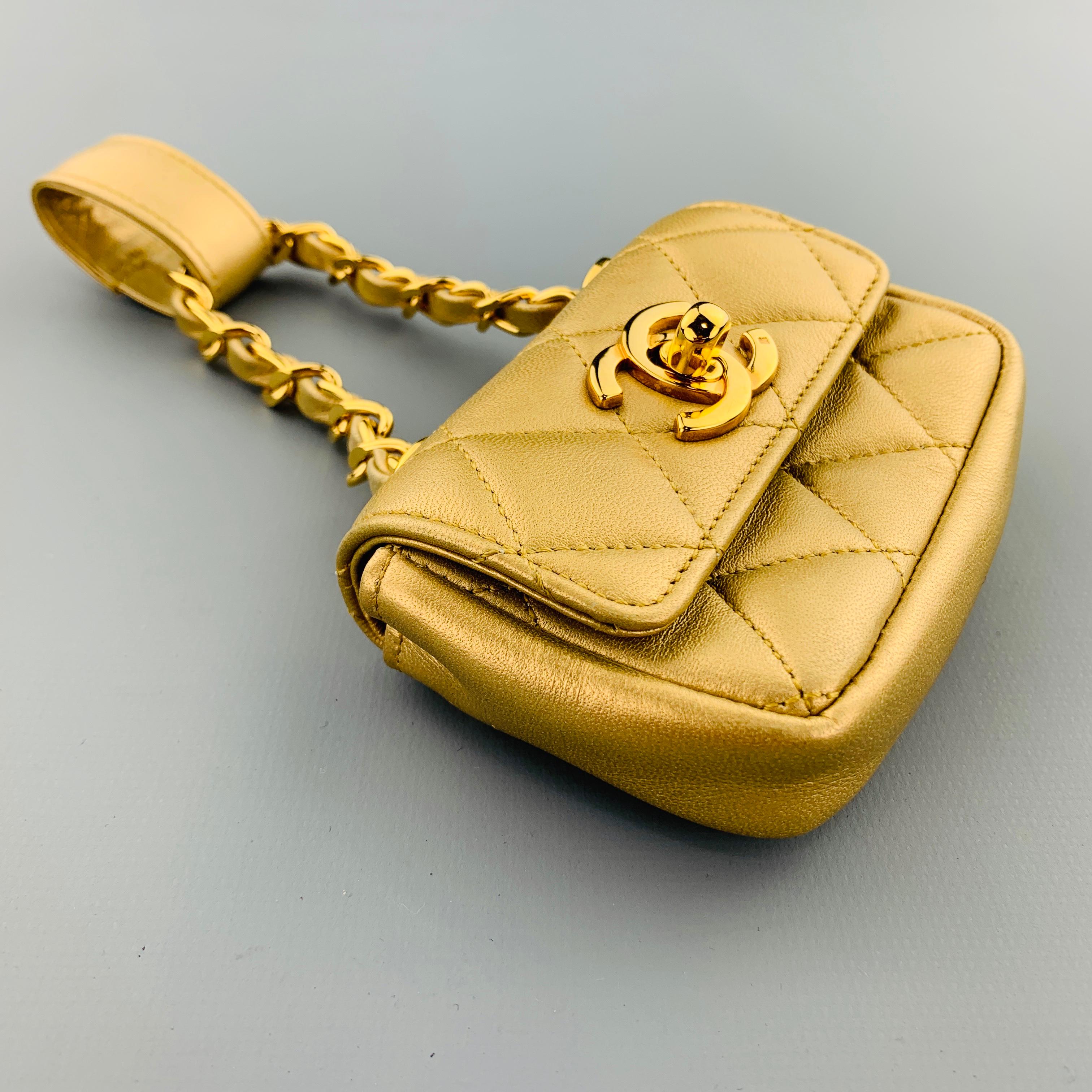 Women's or Men's CHANEL Vintage Gold Metallic Leather Quilted Mini Purse Charm Pouch