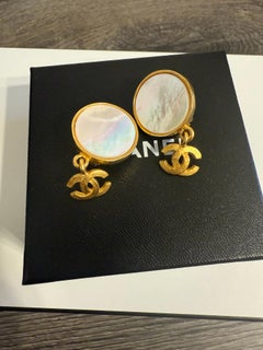 Chanel Vintage Gold Mother of Pearl CC Dangle Earrings
