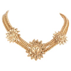 CHANEL Vintage Gold Multi Strand Chain Leo Lion Sun Medallion Collar Necklace
