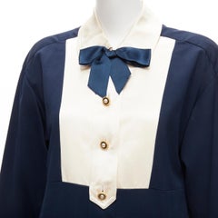 CHANEL Vintage gold pearl button cream navy two tone wool silk dress FR36 S