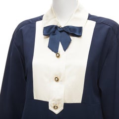 CHANEL Vintage gold pearl button cream navy two tone wool silk dress FR36 S