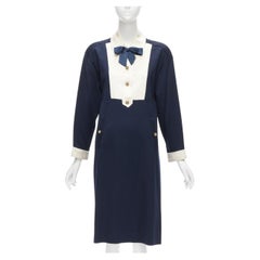 CHANEL Vintage gold pearl button cream navy two tone wool silk dress FR36 S