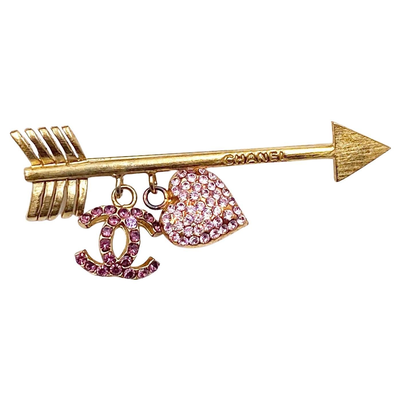 Chanel Vintage Gold Plated Arrow Pink Crystal CC Heart Brooch