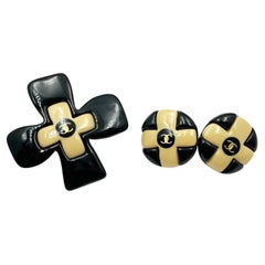 Chanel Vintage Gold Plated Beige Black CC Cross Clip on Earrings Brooch Set