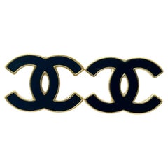 Chanel Vintage Gold Plated Black CC Clip on Earrings