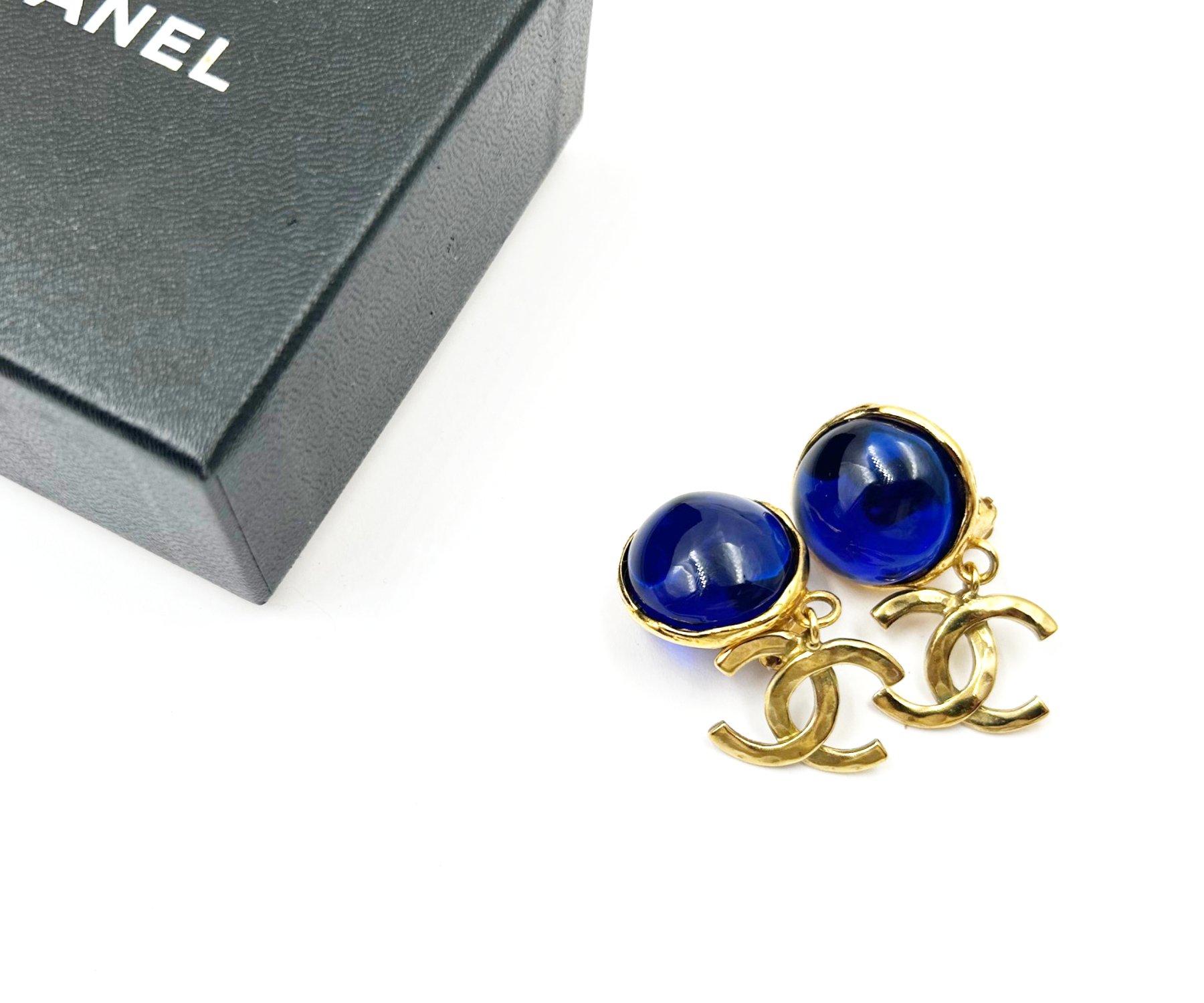 Artisan Chanel Vintage Gold Plated Blue Stone CC Dangle Clip on Earrings