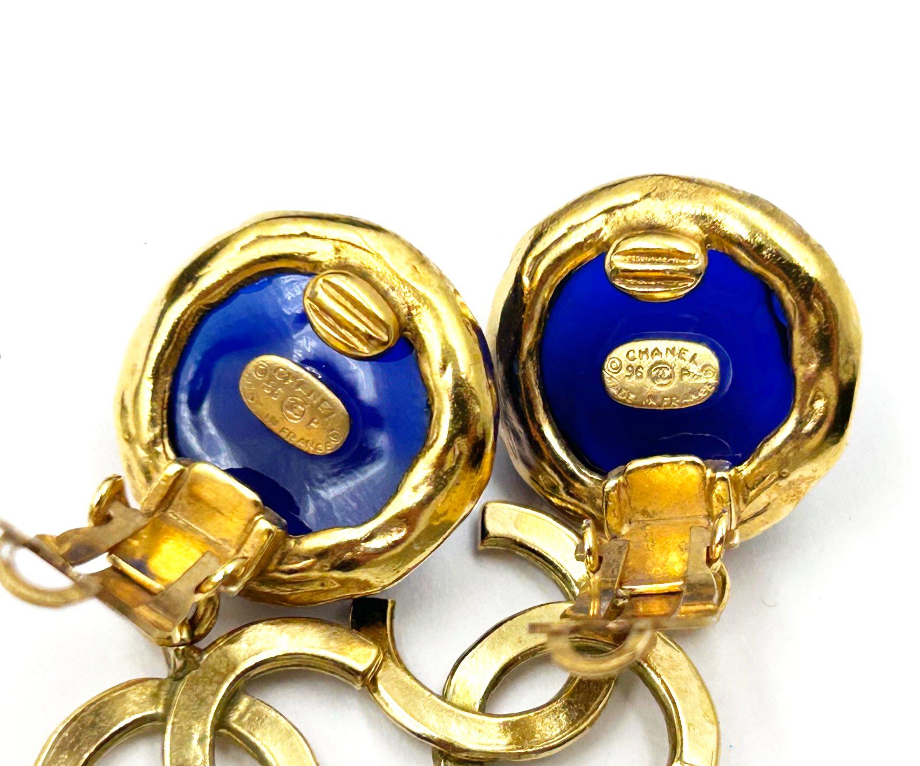 Men's Chanel Vintage Gold Plated Blue Stone CC Dangle Clip on Earrings