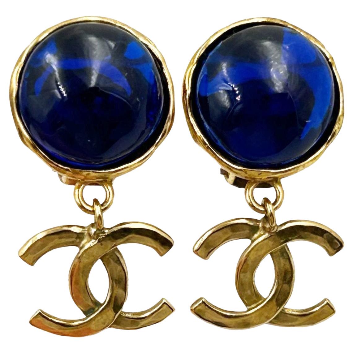 Chanel Vintage Gold Plated Blue Stone CC Dangle Clip on Earrings
