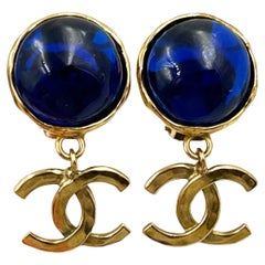 Chanel Vintage Gold Plated Blue Stone CC Dangle Clip on Earrings