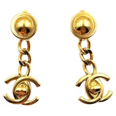 Chanel Vintage Gold Plated Button Chain CC Turnlock Dangle Clip on Earrings