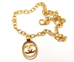 Chanel Vintage Gold Plated CC 3 Rings Large Pendant Chain Long Necklace