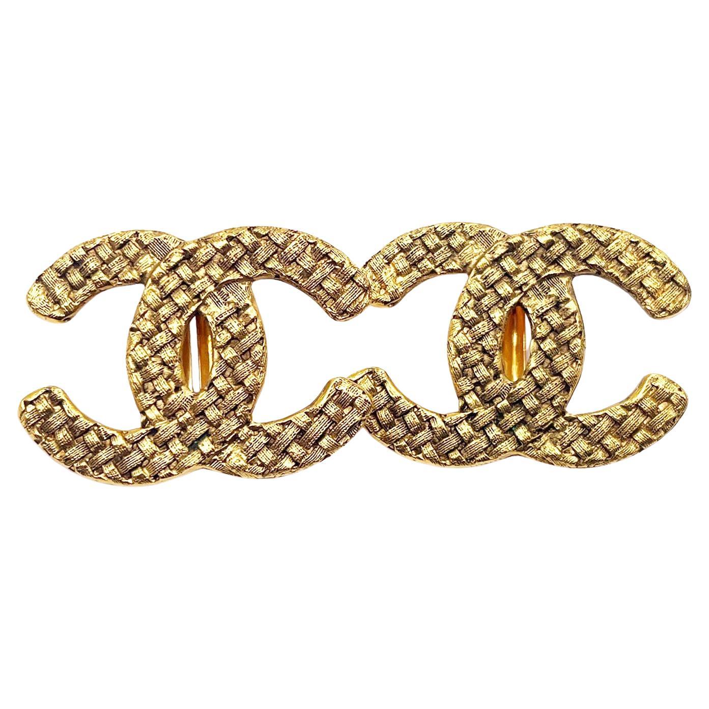 Chanel Vintage Gold Plated CC Basket Weave Large Clip on Earrings
