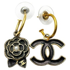Chanel Vintage Gold Plated CC Black Camellia Asymmetrical Hoop Earrings
