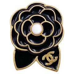 Chanel Vintage Gold Plated CC Black Camellia Pin