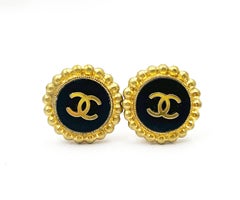 Chanel Vintage Gold Plated CC black Gold Dot Edge Clip on Stud Earrings