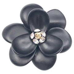 Chanel Vintage Gold Plated CC Black Flower Brooch  