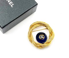 Chanel Vintage Gold Plated CC Blue Stone Rope Wreath Brooch