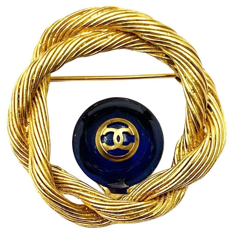 Chanel Vintage Gold Plated CC Blue Stone Rope Wreath Brooch