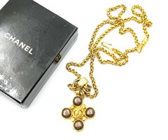 Chanel Vintage Gold Plated CC Brown Stone Pendant Weaving Chain Long Necklace