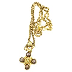 Chanel Vintage Gold Plated CC Brown Stone Pendant Weaving Chain Long Necklace