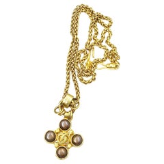 Chanel Vintage Gold Plated CC Brown Stone Pendant Weaving Chain Long Necklace