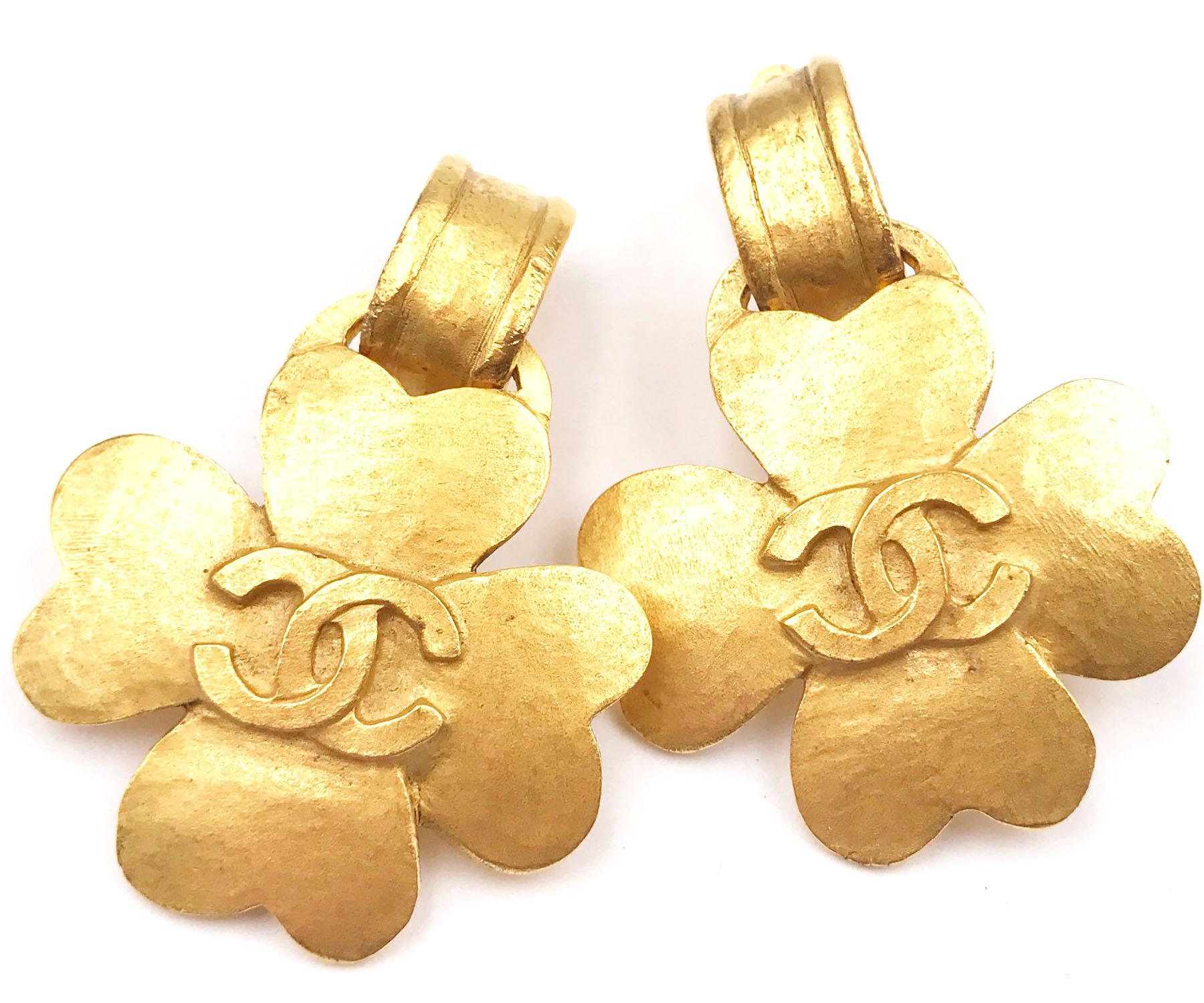 Women's Chanel Vintage Gold Plated CC Clover Clip on Earrings  