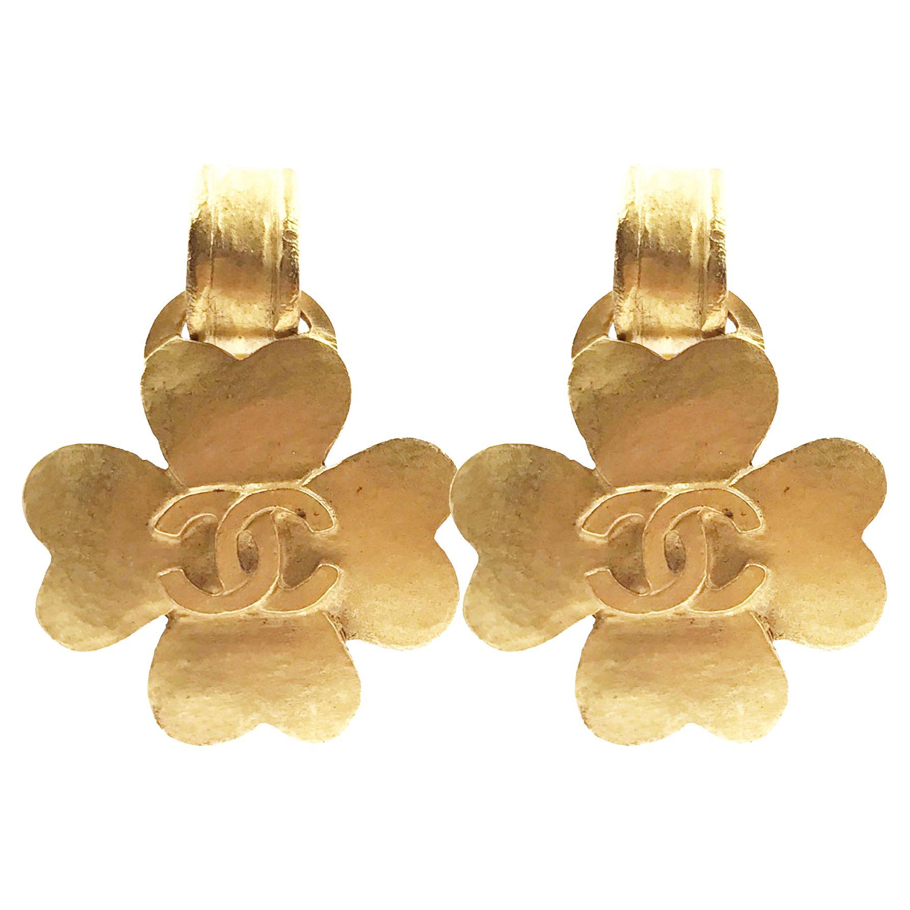 Chanel Vintage Gold Plated CC Clover Clip on Earrings  