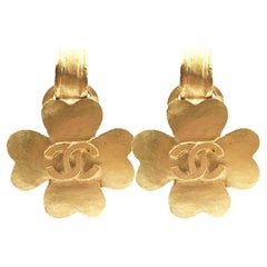 Chanel Vintage Gold Plated CC Clover Clip on Earrings  