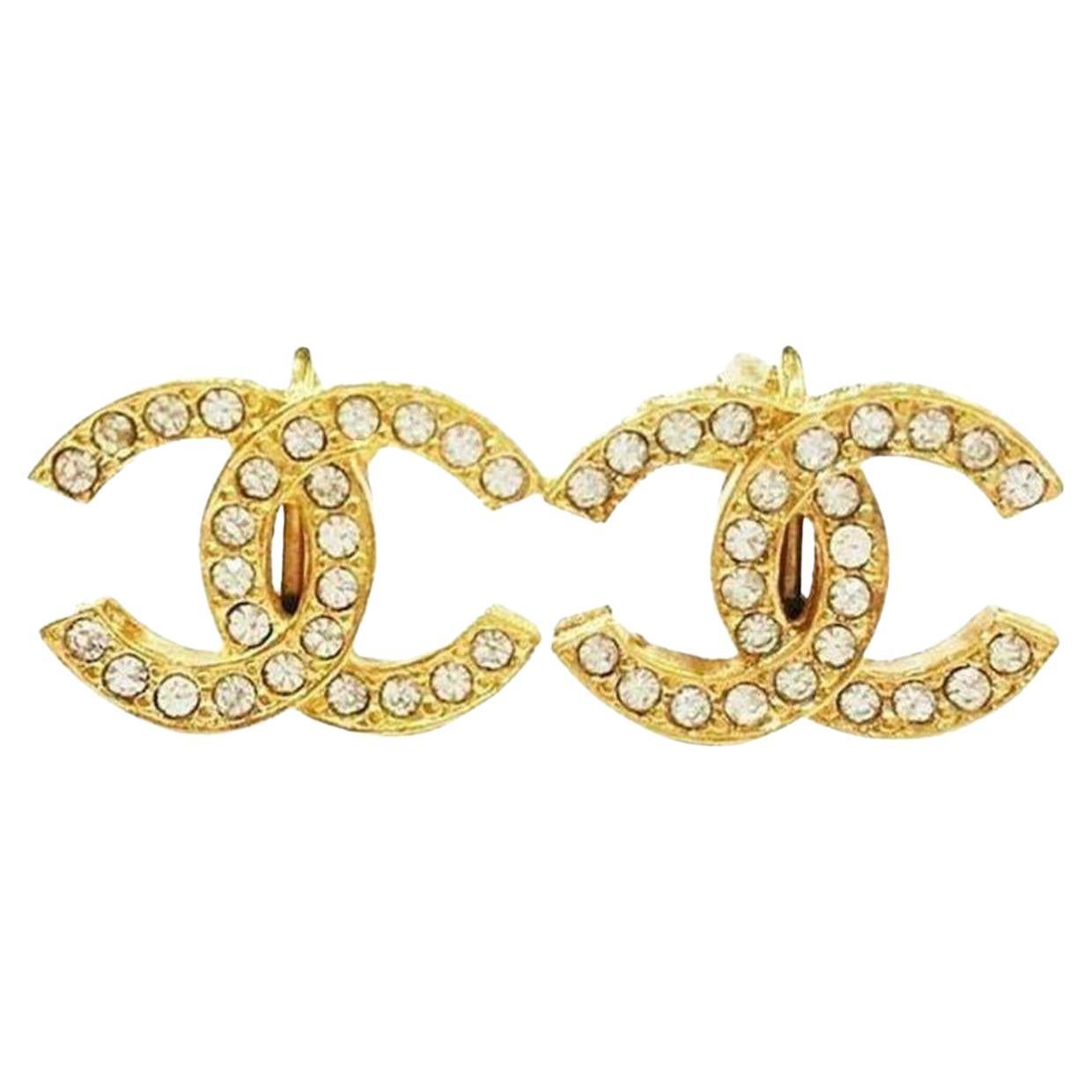 Chanel Vintage Gold Plated CC Crystal Clip on Earrings