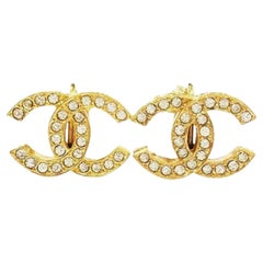 Chanel Retro Gold Plated CC Crystal Clip on Earrings
