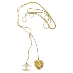 Chanel Vintage Gold Plated CC Crystal Heart Lariat Long Necklace