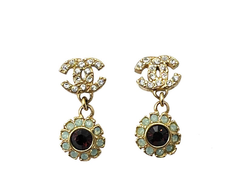 Chanel Vintage Gold Plated CC Crystal Mint Burgundy Flower Piercing Earrings  For Sale at 1stDibs