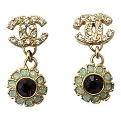 Chanel Vintage Gold Plated CC Crystal Mint Burgundy Flower Piercing Earrings