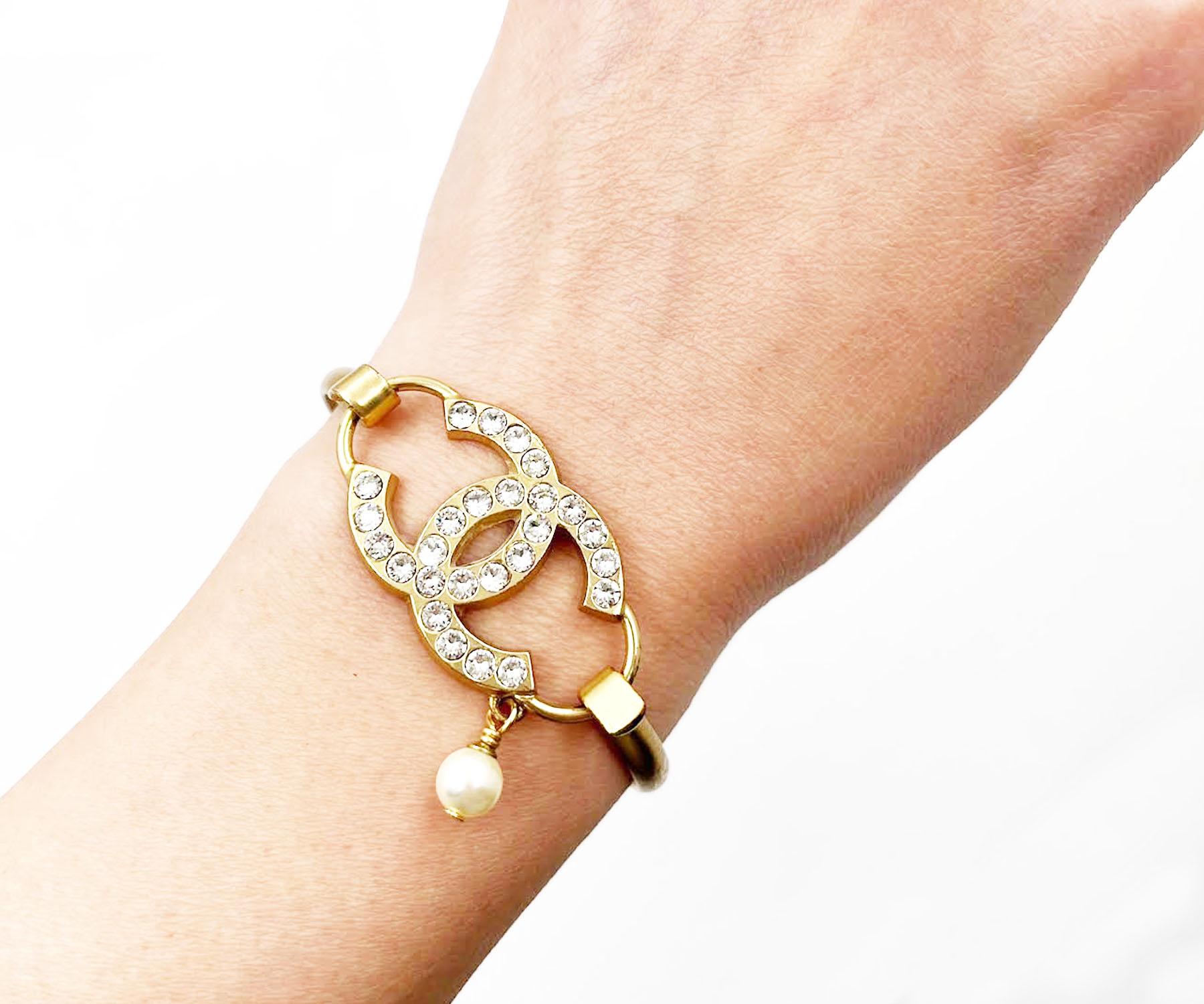 Chanel Vintage Gold Plated CC Crystal Pearl Dangle Bangle Bracelet  In Good Condition In Pasadena, CA