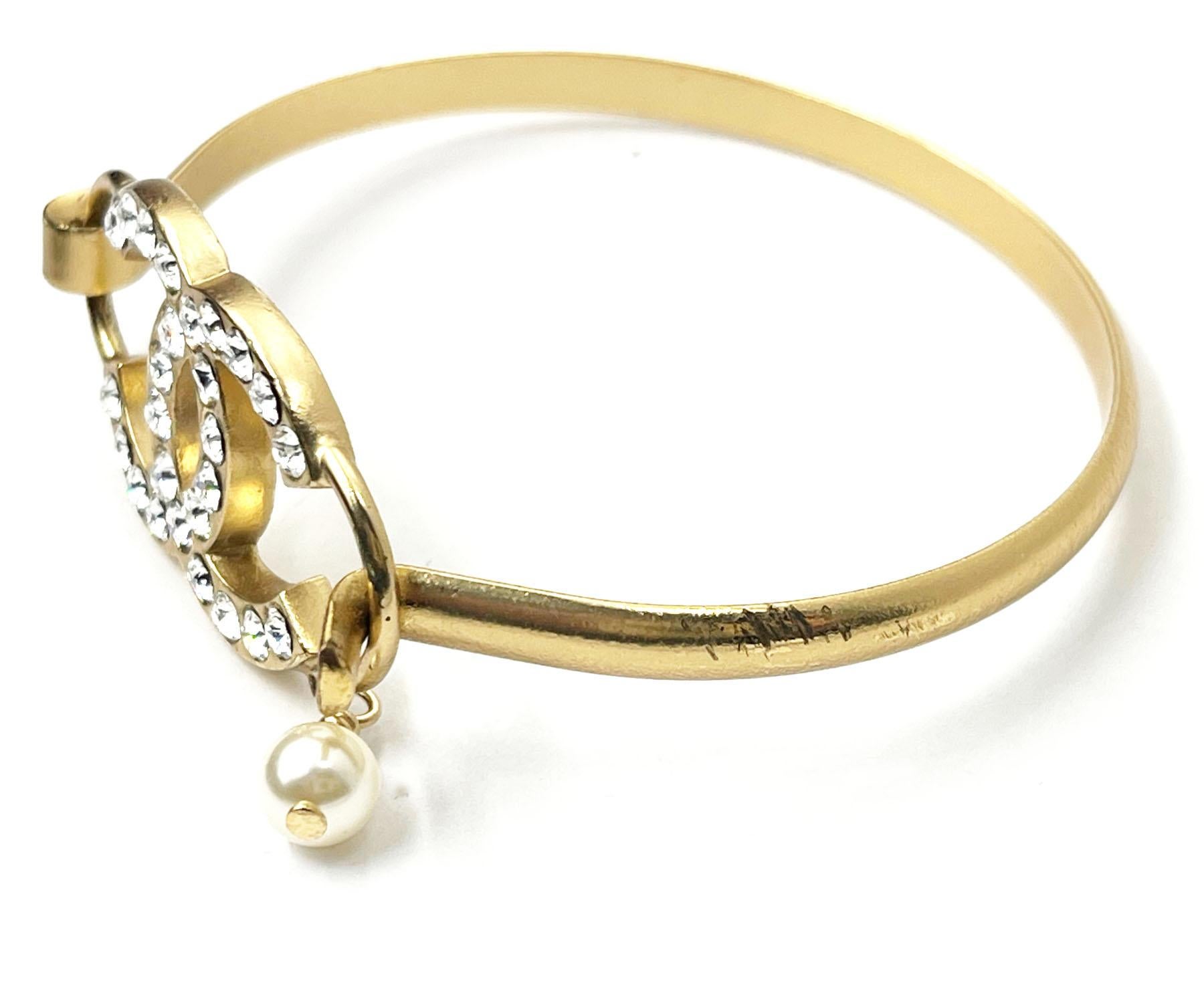 Chanel Vintage Gold Plated CC Crystal Pearl Dangle Bangle Bracelet  1