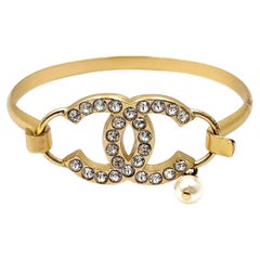 Chanel Vintage Gold Plated CC Crystal Pearl Dangle Bangle Bracelet 