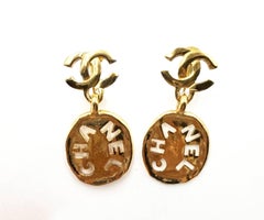 Chanel Vintage Gold Plated CC Cut out Dog Tag Clip on Earrings