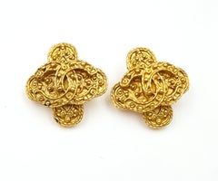 Chanel Vintage Gold Plated CC Dot Cross Clip on Earrings