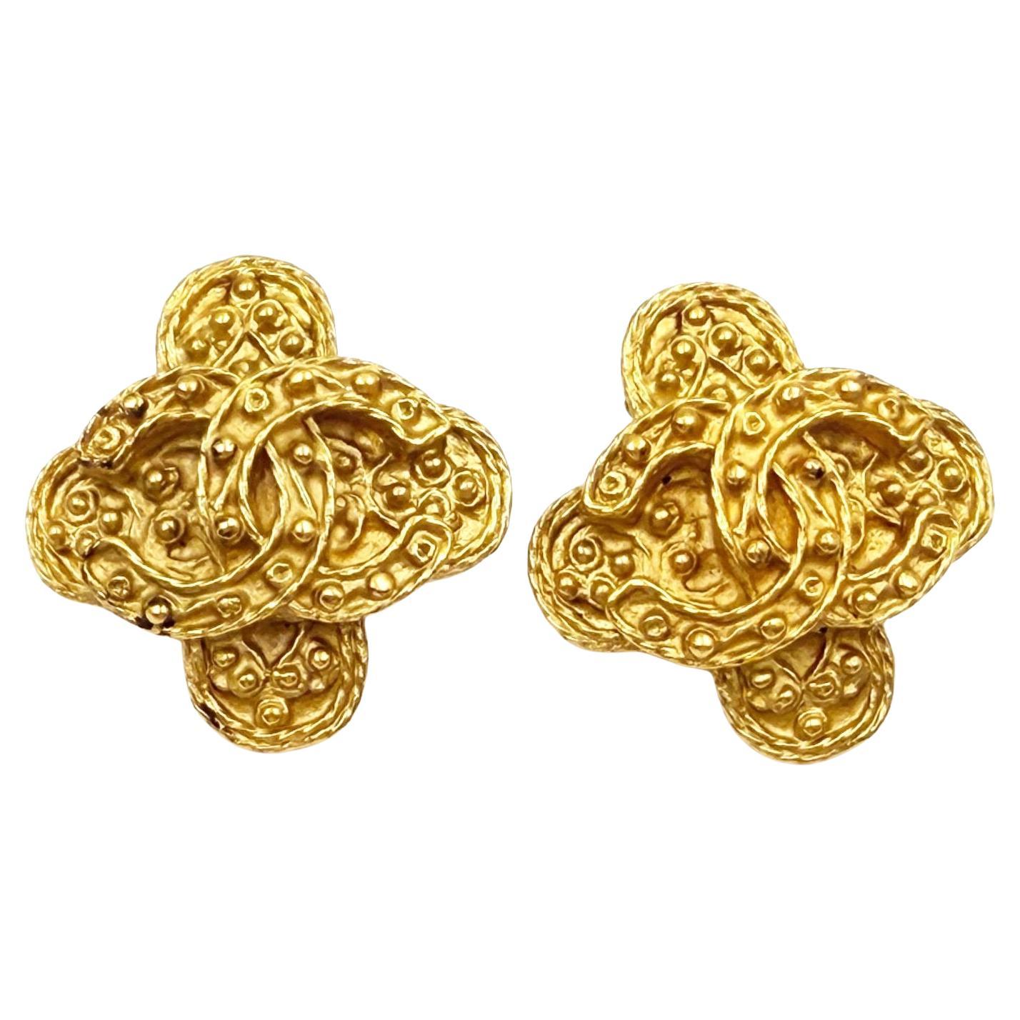 Chanel Vintage Gold Plated CC Dot Cross Clip on Earrings For Sale