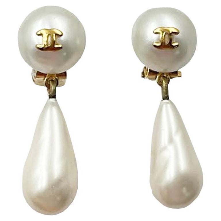Chanel Vintage Gold Plated CC Faux Pearl Dangle Clip on Earrings
