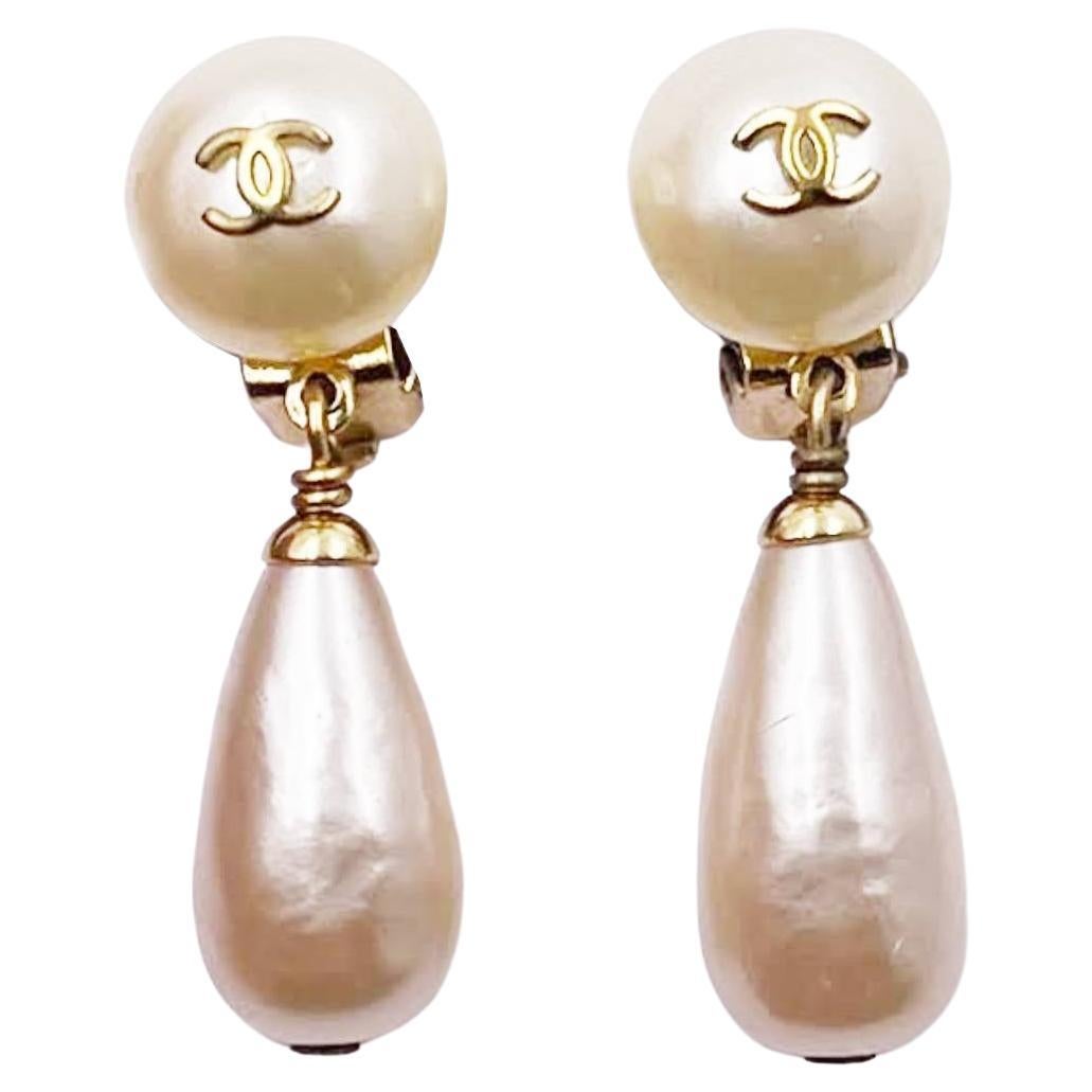 Chanel Vintage Gold Plated CC Faux Pearl Dangle Clip on Earrings  For Sale