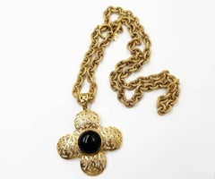 Chanel Rare Vintage Gold Plated CC Filigree Cross Black Stone Long Necklace