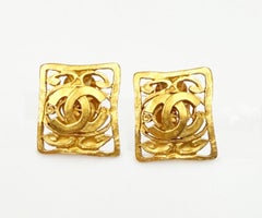 Chanel Vintage Gold Plated CC Filigree Rectangle Clip on Earrings