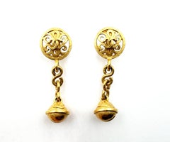 Chanel Vintage Gold Plated CC Filigree Round Bell Dangle Clip on Earrings