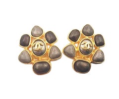 Chanel Vintage Gold Plated CC Flower Brown Stone Clip on Earrings