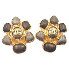 Chanel Vintage Gold Plated CC Flower Brown Stone Clip on Earrings