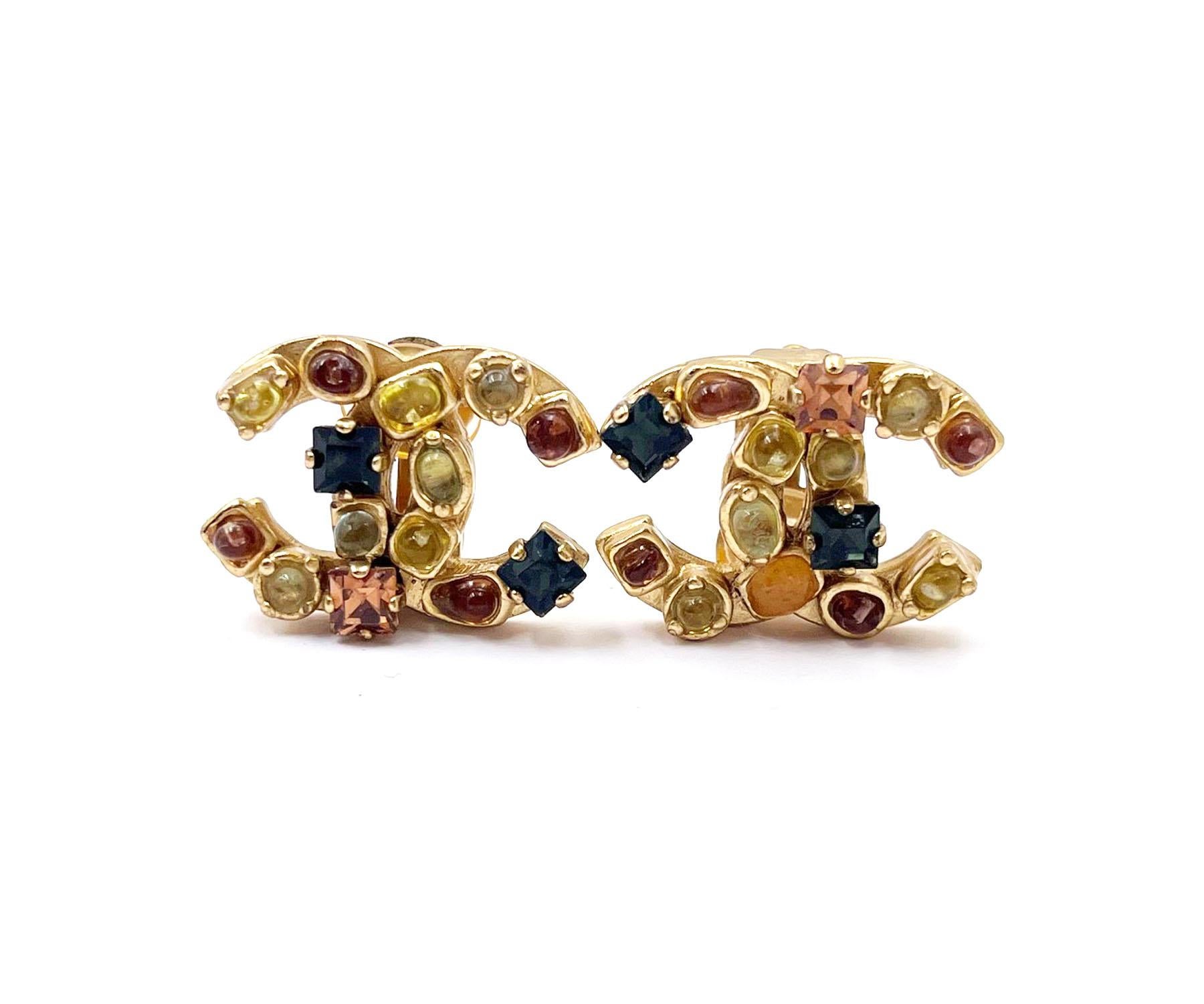 Artisan Chanel Vintage Gold Plated CC Gemstone Clip on Earrings  