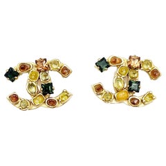 Chanel Vintage Gold Plated CC Gemstone Clip on Earrings  