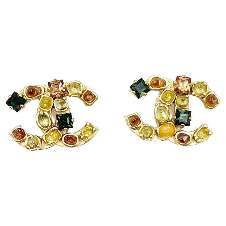 Chanel Vintage Gold Plated CC Gemstone Clip on Earrings For Sale at 1stDibs