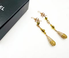 Chanel Vintage Gold Plated CC Golden Brown Gemstone Tear Drop Long Earrings